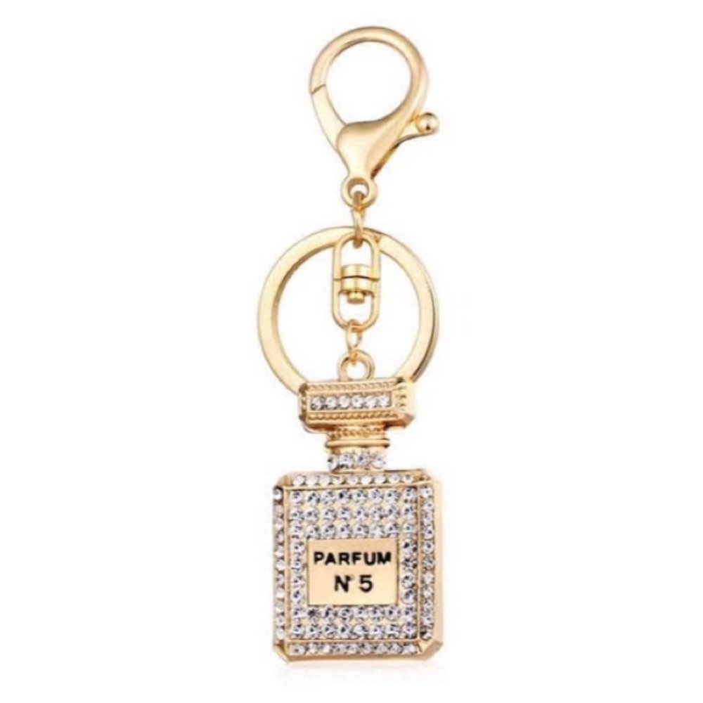 Designer Perfume Bottle Rhinestone Key Chain, Gold Crystal Purse Charm Keychain